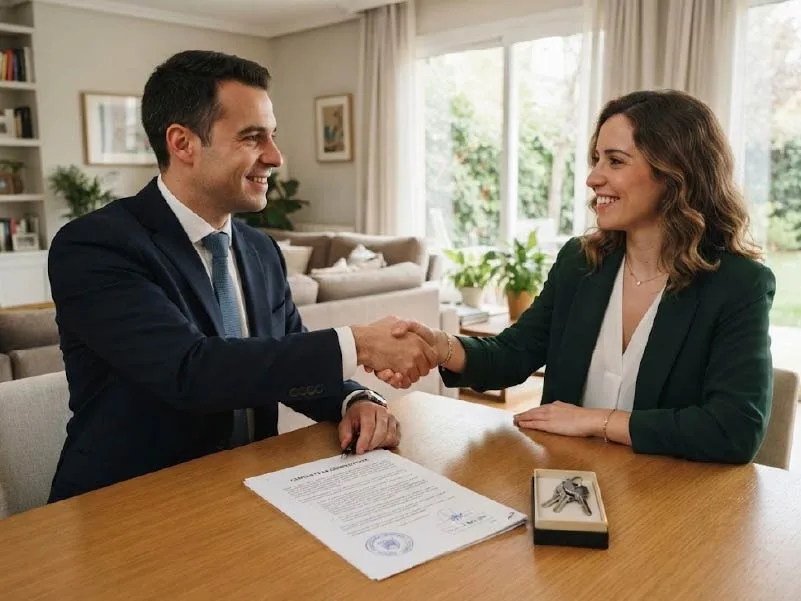 Dos personas se dan la mano sobre un contrato firmado, con unas llaves en la mesa