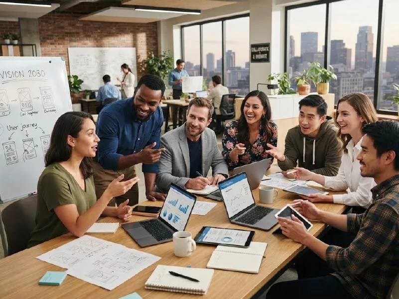 Un equipo de trabajo conversa alrededor de una mesa con portátiles