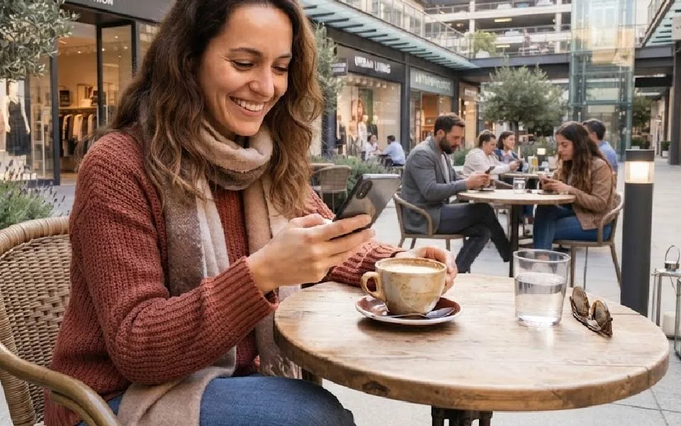 Una persona escribe desde el teléfono en la mesa de un café